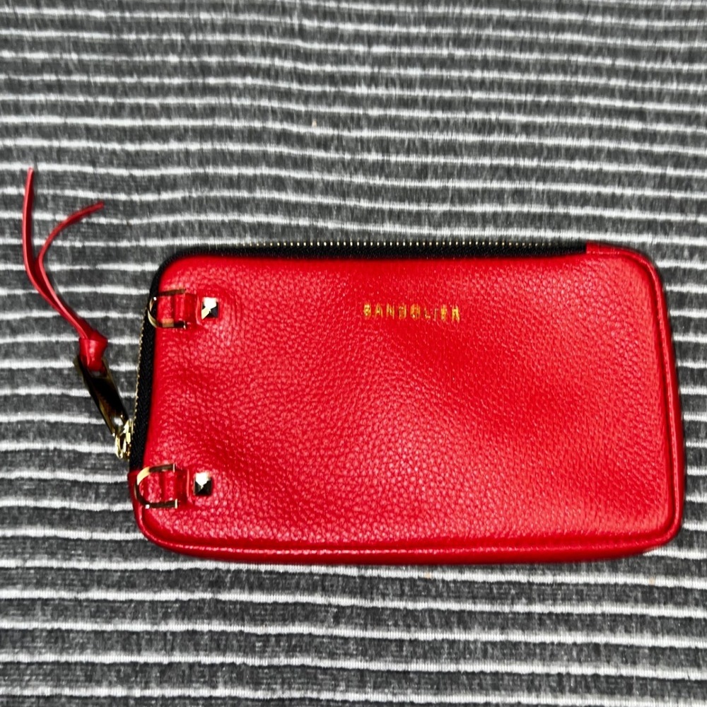 Bandolier Red Pebble Leather Expanded Pouch Gold Hardware Zip Top